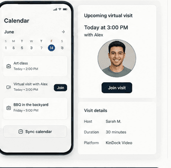 A phone showing the KinDock calendar with art class, a virtual visit with Alex and a Join button, and a backyard BBQ, beside visit details with a Join visit button