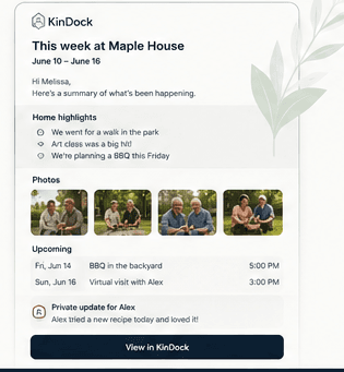 The weekly Home Digest email on a phone: This week at Maple House, with home highlights, photos, upcoming events, and a private update for Alex